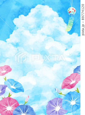 朝顔と入道雲と風鈴の夏のベクターイラスト水彩背景 89774120
