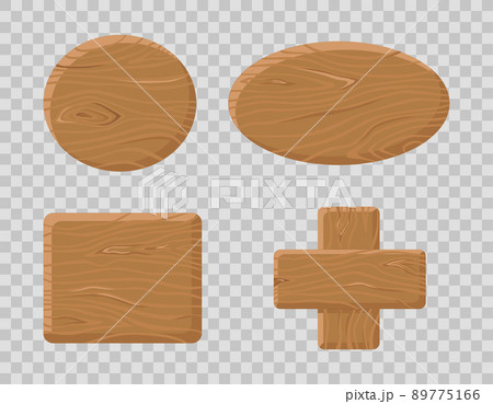 Wooden buttons different shapes set on transparent isolated background. Cartoon vector gui elements. Wood tablet frame.  89775166