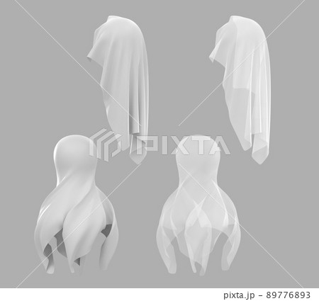 3D Spheres covered white silk cloth. Set of flying textile in shape rocket or ghost costume on halloween. Balls hidden under satin fabric or curtain unveiling for surprise or magic trick 89776893