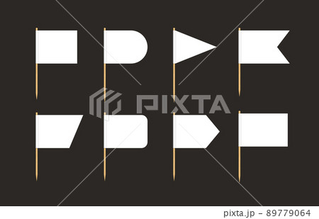 Toothpick flags. Blank flag on wooden stick. Wood toothpick with white paper banner for food and cocktail decoration. Different forms of pennant. Realistic 3d vector isolated on black background Toothpick flags. Blank flag on wooden stick. Wood toothpick with white paper banner for food and cocktail decoration. Different forms of pennant. Realistic 3d vector isolated on black background 89779064