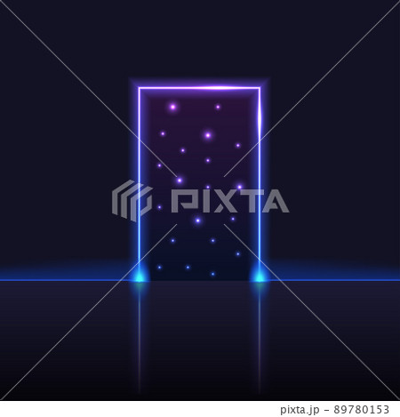 Neon gate or portal to galaxy space. Purple and blue frame with glowing light, laser beams, star sky in neon door opening. Magic fantasy or techno cosmic vector illustration Neon gate or portal to galaxy space. Purple and blue frame with glowing light, laser beams, star sky in neon door opening. Magic fantasy or techno cosmic vector illustration 89780153