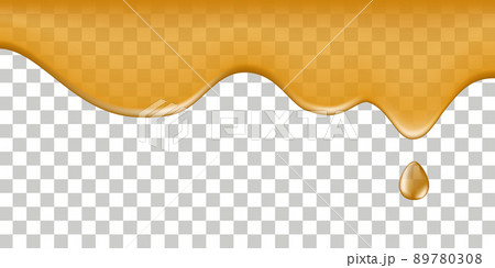 Maple syrup, honey drip spill, flowing liquid melted texture. Sweet dessert; fruit orange juice; caramel; leaking sauce. Isolated on transparent background. Vector illustration 89780308