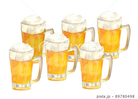 6杯の冷えた生ビールジョッキ【手描き水彩画】白バック 透過背景 コピースペース 89780498