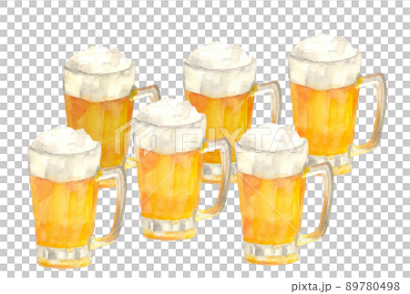 6杯の冷えた生ビールジョッキ【手描き水彩画】白バック 透過背景 コピースペース 89780498