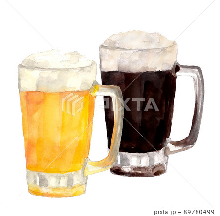 黒ビールと生ビールのジョッキ【【手描き水彩画】白バック 透過背景 コピースペース】 89780499