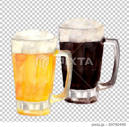 黒ビールと生ビールのジョッキ【【手描き水彩画】白バック 透過背景 コピースペース】 89780499