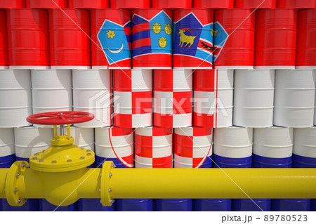 Barrels with flag of Croatia and gas transportation pipe. 3d rendering 89780523