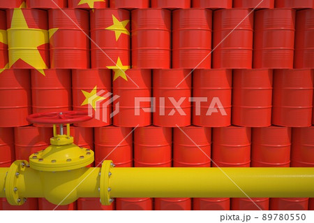 Many barrels with petrochemicals with flag of China and gas pipe. 3d rendering 89780550