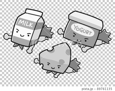 Dairy product illustration set (hero style character) black and white Dairy product illustration set (hero style character) black and white 89781135