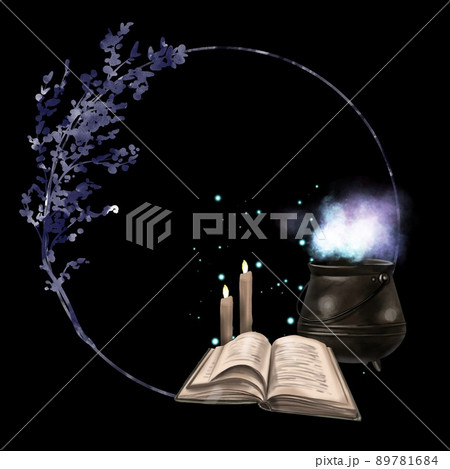 watercolour gold frame with magic and book. Realistic illustration  89781684