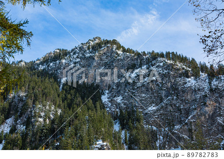 ドイツ　ノイシュヴァンシュタイン城の後ろに広がる雪化粧の山とペラート峡谷 89782783