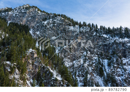 ドイツ　ノイシュヴァンシュタイン城の後ろに広がる雪化粧の山とペラート峡谷 89782790