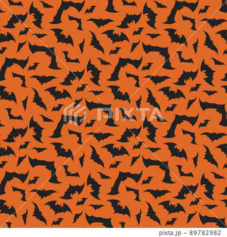Bright pattern with black bats on an orange background. Halloween festive autumn decoration. October holiday print for paper printing, textile and design. Vector flat illustration Bright pattern with black bats on an orange background. Halloween festive autumn decoration. October holiday print for paper printing, textile and design. Vector flat illustration 89782982