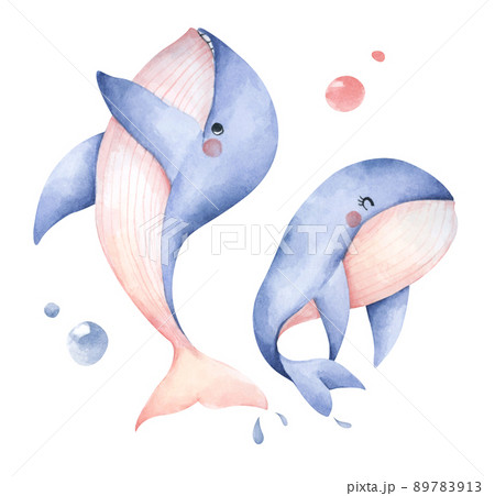 Set of Cute blue whale. Isolated on white background. Underwater animal art. Watercolor illustration. 89783913