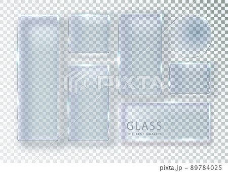 Set of transparent glass banners. Vector glass plates with place for inscriptions. Flat glass isolated on transparent background. Realistic 3D design. Vector transparent object. Set of transparent glass banners. Vector glass plates with place for inscriptions. Flat glass isolated on transparent background. Realistic 3D design. Vector transparent object. 89784025