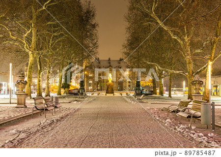 ドイツ　夜のドレスデンのハウプト通りと黄金の騎士像 89785487