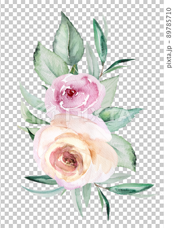 Watercolor light pink flowers and green leaves... - Stock Illustration ...