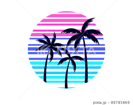 Outlines of palm trees and retro sun in 80s style isolated on white background. Tropical banner with palm trees for print advertising banners and posters. Vector illustration Outlines of palm trees and retro sun in 80s style isolated on white background. Tropical banner with palm trees for print advertising banners and posters. Vector illustration 89785869