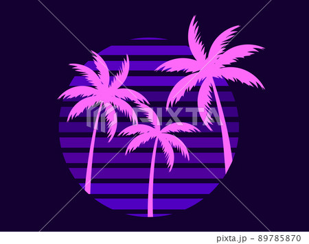 Retro futuristic palm trees in 80s style at sunset. Summer time, palm trees on the background of the sun, synthwave style. Design for advertising brochures and banners. vector illustration 89785870