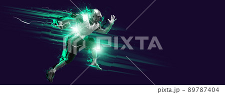 Bright poster with american football player in motion and action with ball isolated on dark background with polygonal and fluid neon elements. Art, creativity, sport Bright poster with american football player in motion and action with ball isolated on dark background with polygonal and fluid neon elements. Art, creativity, sport 89787404