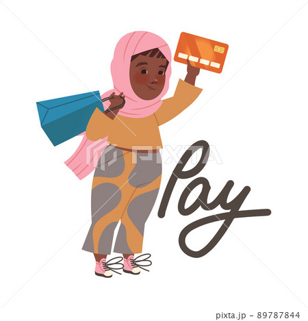 Little Muslim Girl in Hijab Paying with Plastic Card as Verb Expressing Action for Kids Education Vector Illustration 89787844