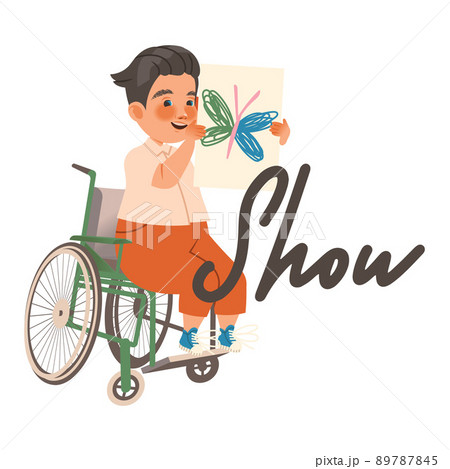 Little Boy on Wheelchair Showing Butterfly Paper Drawing as Verb Expressing Action for Kids Education Vector Illustration 89787845