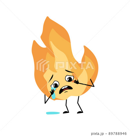 Cute flame character with crying and tears emotion, sad face, depressive eyes, arms and legs. Fire man with melancholy expression, hot orange person. Vector flat illustration 89788946