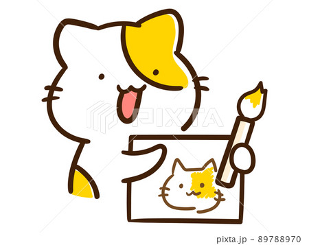 絵筆で絵を描くかわいいねこのキャラクターの手書き風イラスト 89788970