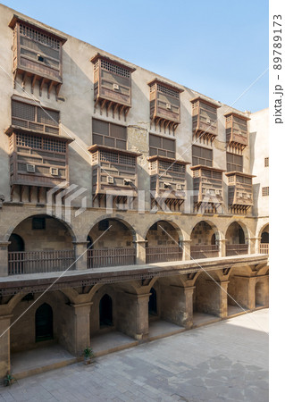 Facade of caravansary of Bazaraa, with vaulted arcades suited in Gamalia district, Medieval Cairo, Egypt 89789173