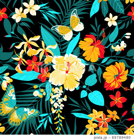 Tropical seamless background with simple flowers Tropical seamless background with simple flowers 89789480