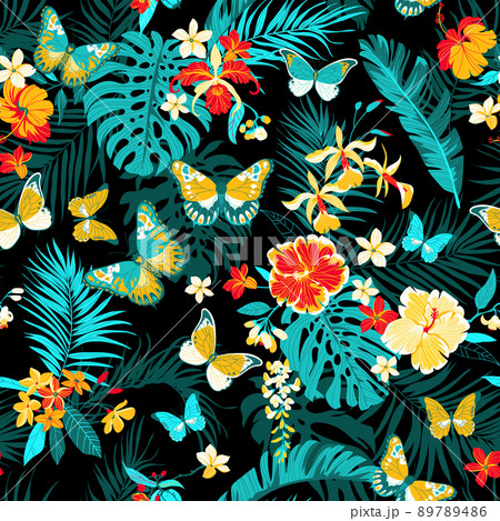 Tropical seamless background with simple flowers 89789486