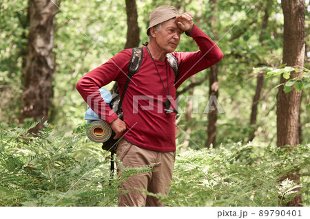Edery adventurer male with backpack and rug standing in forest, being tired, keeps hand on forehead, weaing brown casual pants, red sweater and cap, has lost in forest and can't find right way. 89790401