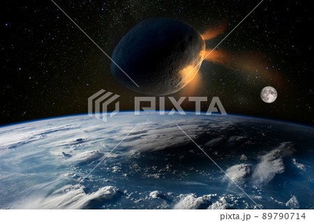Huge asteroid hits the planet Earth. Elements of this image furnished by NASA. 89790714