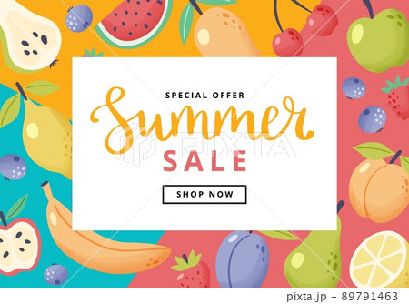 Summer sale banner with fruits. Hand drawn cute fruits and lettering. Vector illustration colorful template in flat cartoon style 89791463
