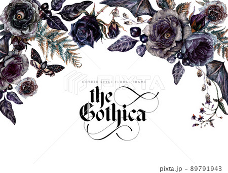 Watercolor Floral Gothic Background Isolated on White Background. 89791943