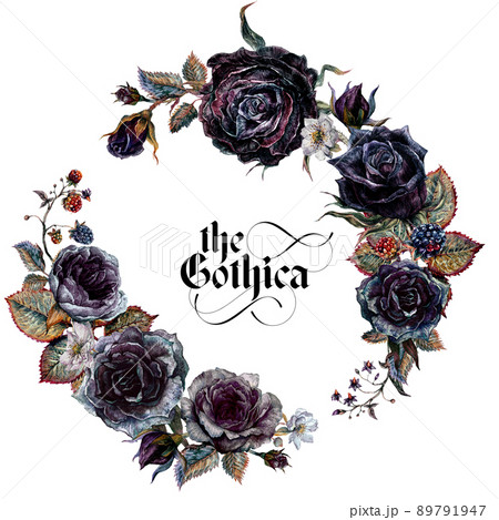 Watercolor Floral Gothic Arrangement Isolated on White Background. 89791947