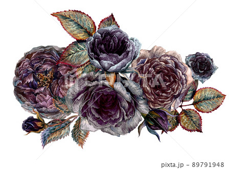 Watercolor Floral Gothic Arrangement Isolated on White Background. 89791948