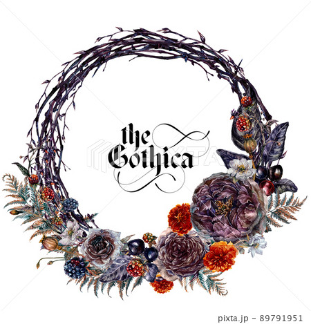 Watercolor Floral Gothic Arrangement Isolated on White Background. 89791951