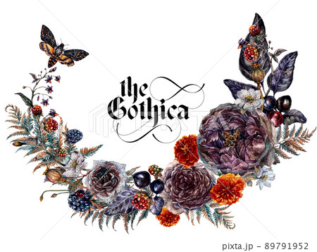 Watercolor Floral Gothic Arrangement Isolated on White Background. 89791952
