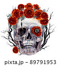 Watercolor Skull and Flowers Halloween Illustration 89791953
