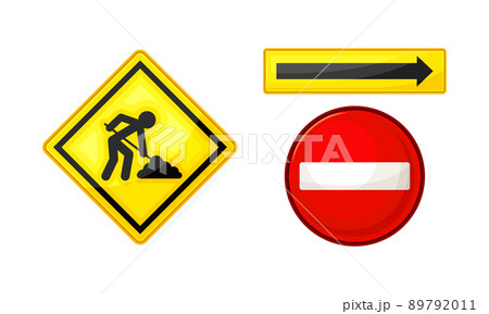 Road signs set. Under construction, no entry, yellow direction sign road sign vector illustration 89792011