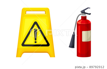 Yellow plastic slippery wet floor caution sign and fire extinguisher vector illustration Yellow plastic slippery wet floor caution sign and fire extinguisher vector illustration 89792012
