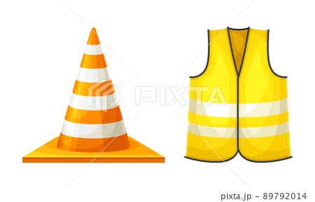Industrial protective equipment set. Traffic cone and safety vest vector illustration Industrial protective equipment set. Traffic cone and safety vest vector illustration 89792014