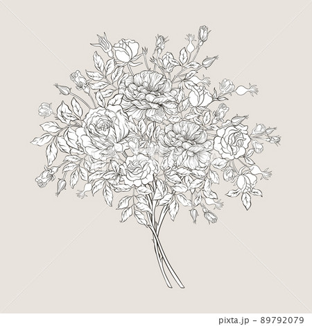 Roses flowers on branches. Millefleurs trendy floral design 89792079