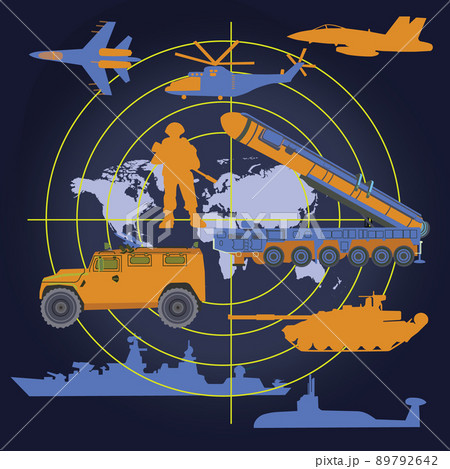 Military heavy equipment on sonar sound waves background vector. Military heavy equipment on sonar sound waves background vector. 89792642