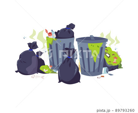 Smelly trash cans and garbage bags with flies and rotten leftovers, flat vector illustration isolated on white background. 89793260