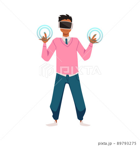 Fashionable standing young man in virtual reality glass exploring new space in metaverse flat style Fashionable standing young man in virtual reality glass exploring new space in metaverse flat style 89793275