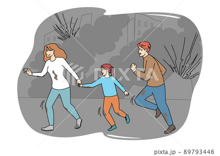 Family with child fleeing from bombings in Ukraine  89793446