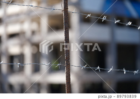Security barbedwire fence, wire with clusters of short, sharp spikes 89793839