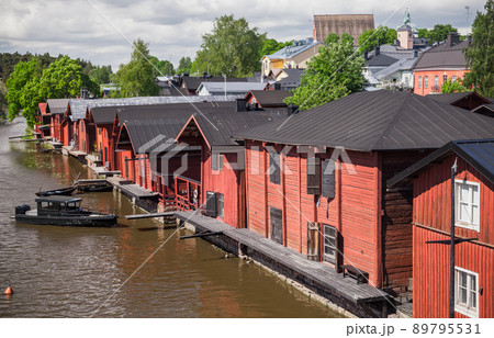 Summer landscape of Porvoo town, Finland. Old red wooden houses 89795531